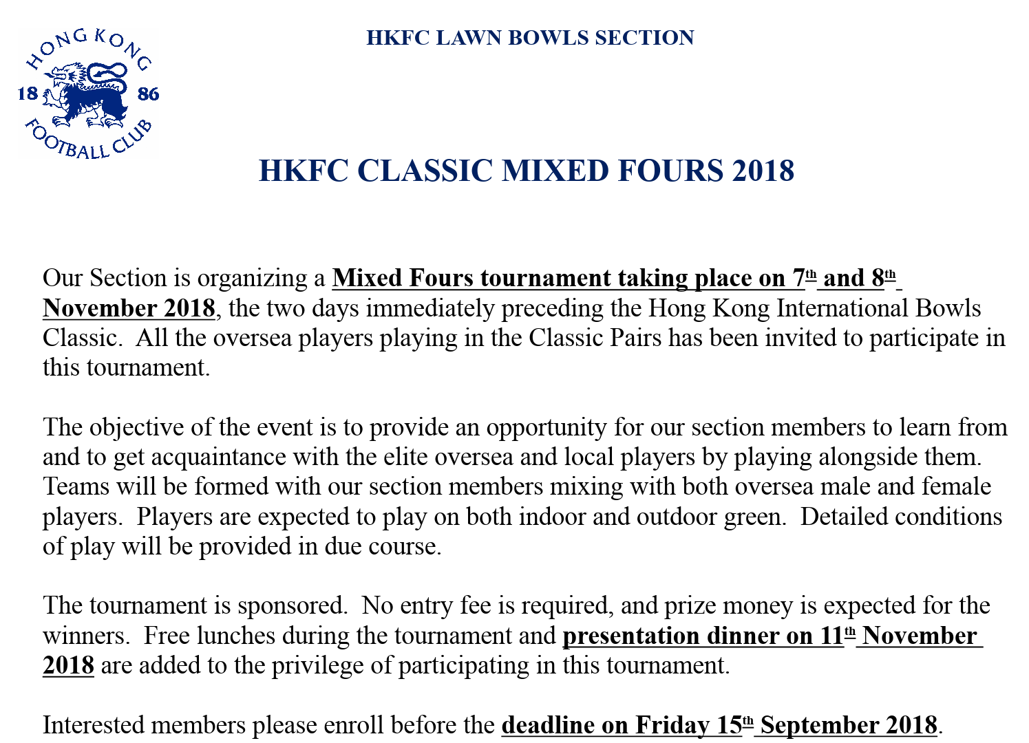HKFC Classic Mixed Fours - Entries for Selection
